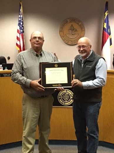 Steve Edge receiving the Lifetime Achievement Award at the Robeson County Commissioners Meeting November 21, 2016